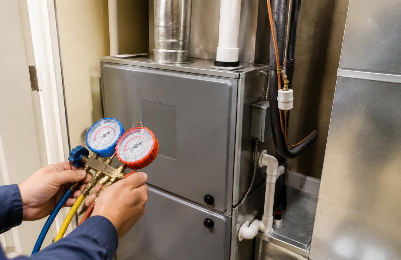 Technician checking gauges on a residential gas furnace and air handler
